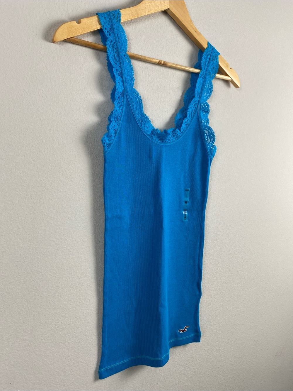 Hollister Lace Embroidered Ribbed Camisole/Tank Top | Aqua Blue - Picture 7 of 14